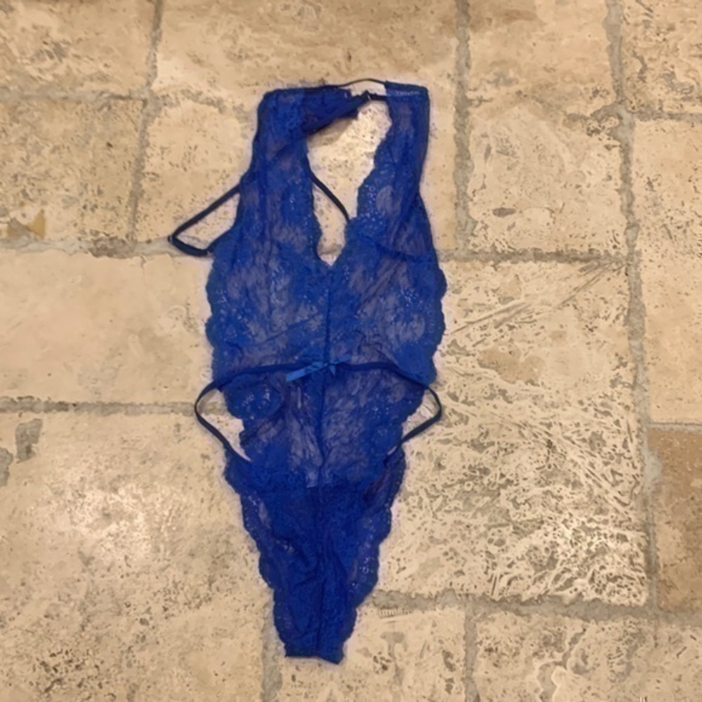 Sheer Lace Halter Teddy Bodysuit - Royal Blue
